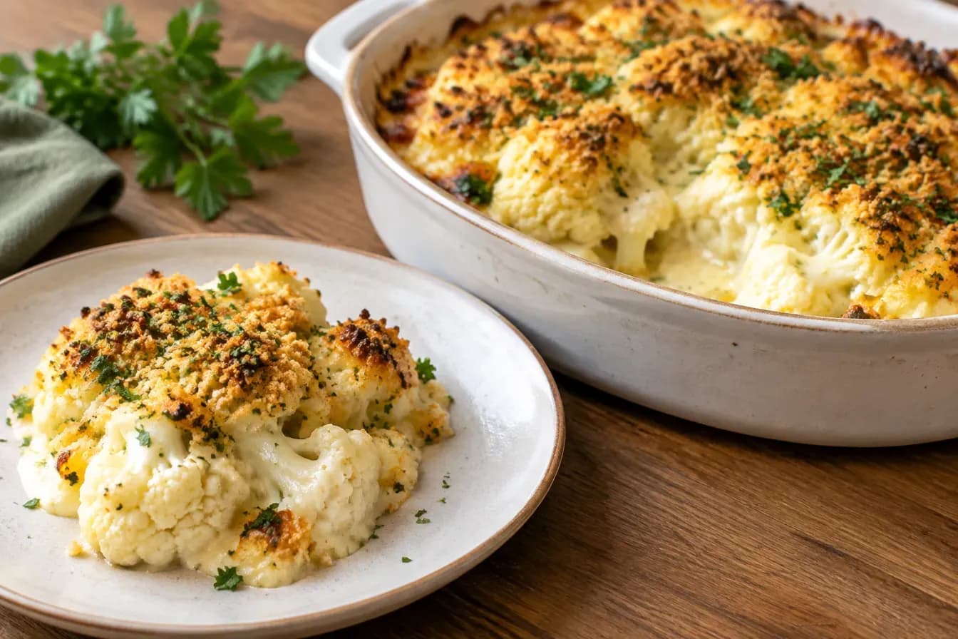 Goldbraun überbackenes Blumenkohlgratin mit knusprigen Petersilienbröseln steht in einer Auflaufform neben einer angerichteten Portion.