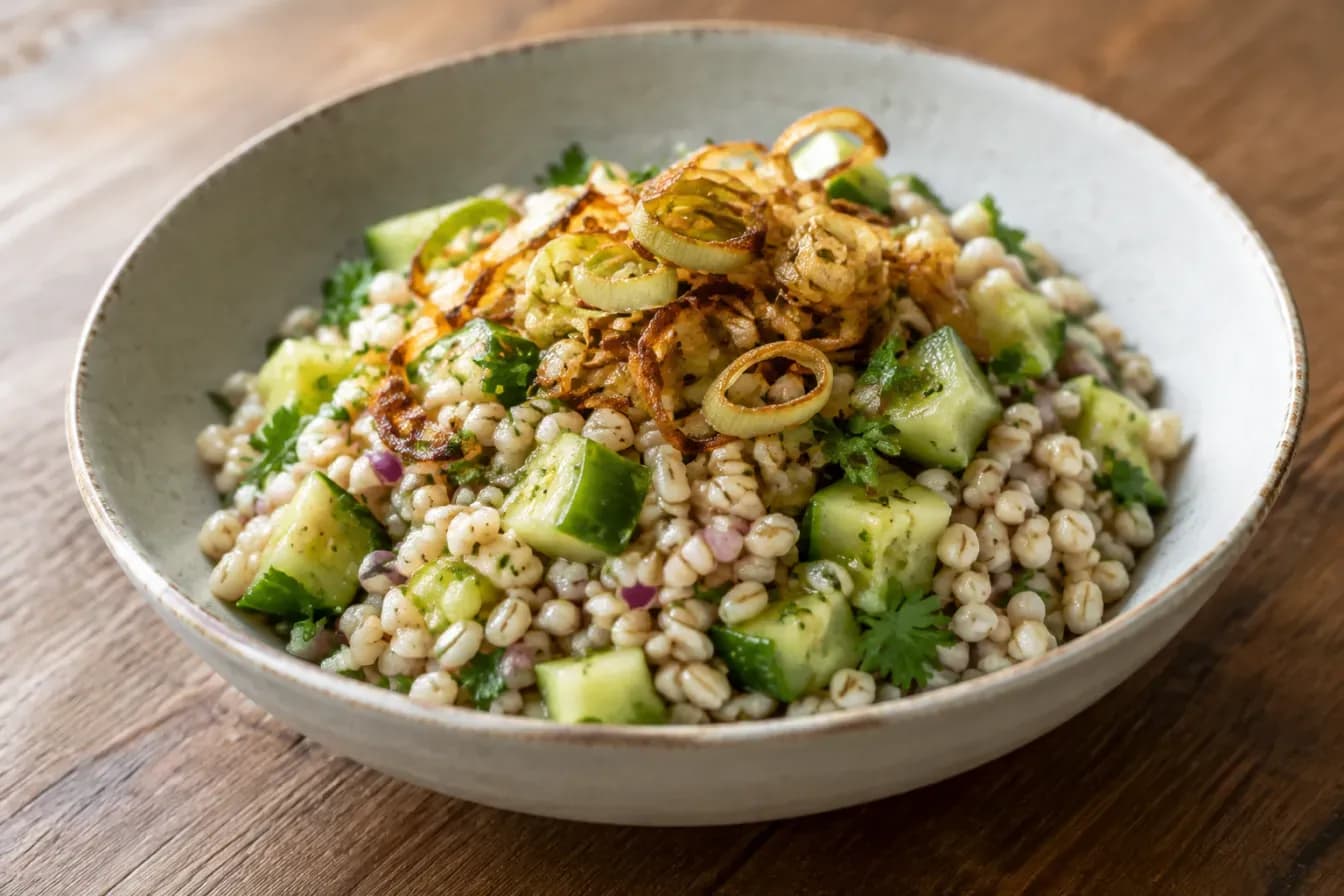 Graupensalat mit Gurke, roter Zwiebel und Petersilie ist mit goldbraunen, knusprigen Lauchringen angerichtet.