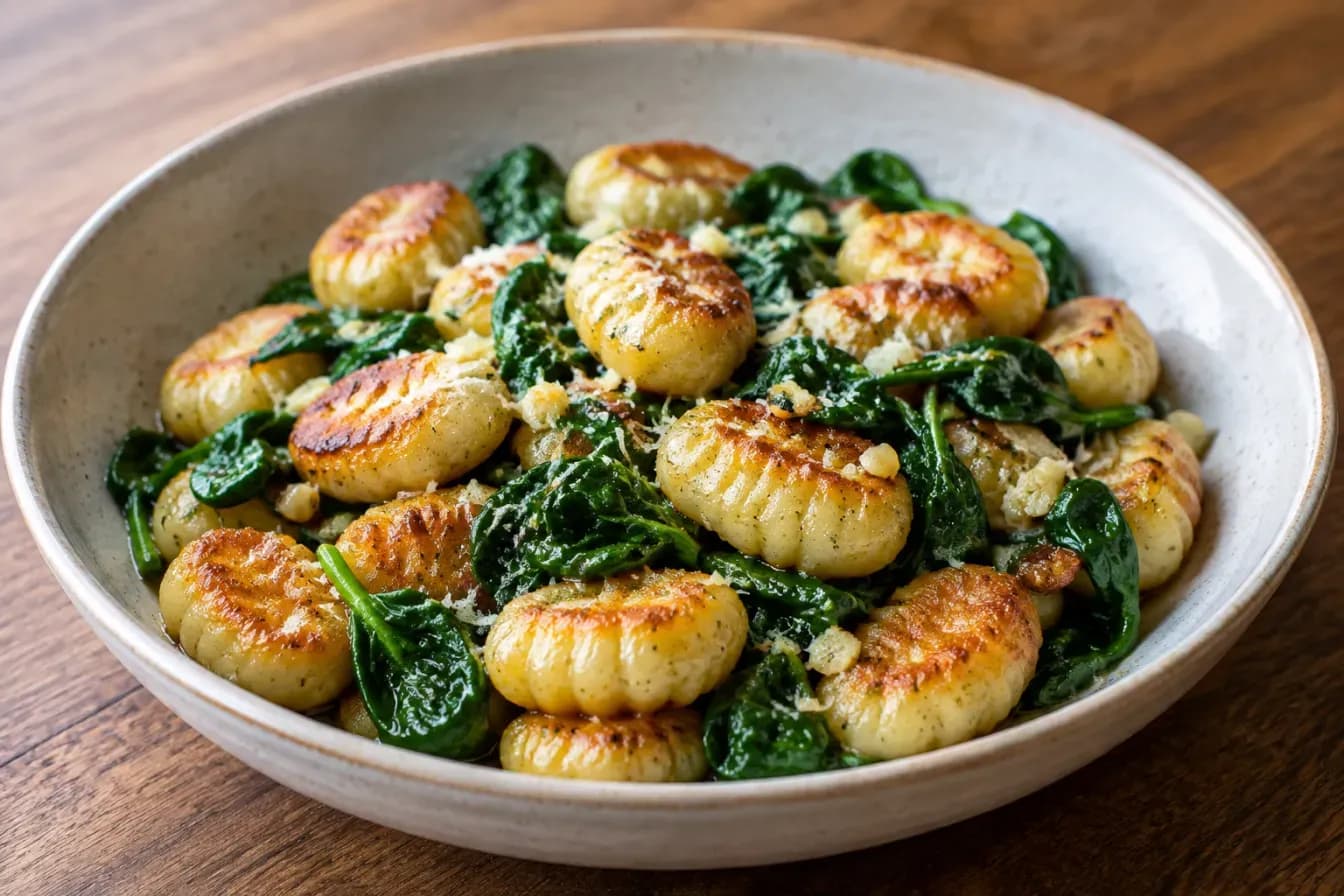 Goldbraun gebratene Gnocchi mit kurz zusammengefallenem Babyspinat und geriebenem Parmesan in einer Schale.