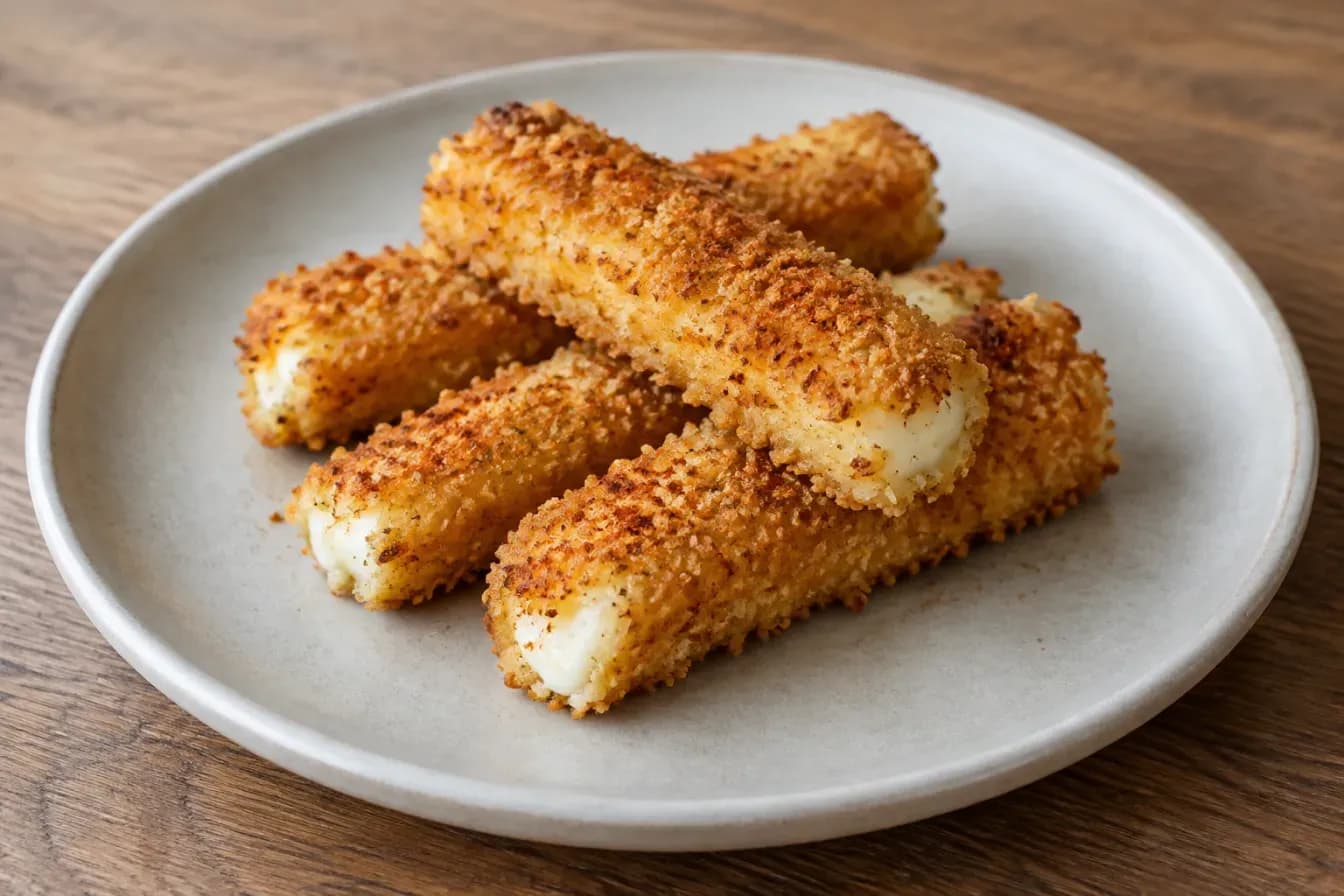Goldbraun panierte Halloumi-Sticks liegen auf einem schlichten Teller auf einem Holztisch.