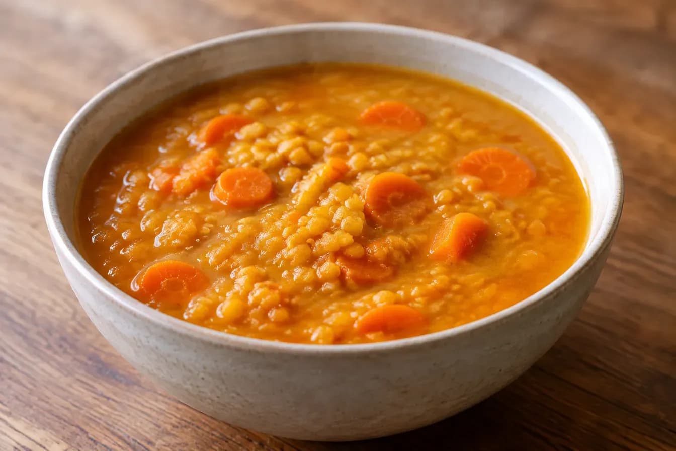 Eine Schale sämige orangefarbene Linsensuppe mit sichtbaren Möhrenscheiben und ganzen Linsen steht auf einem Holztisch.
