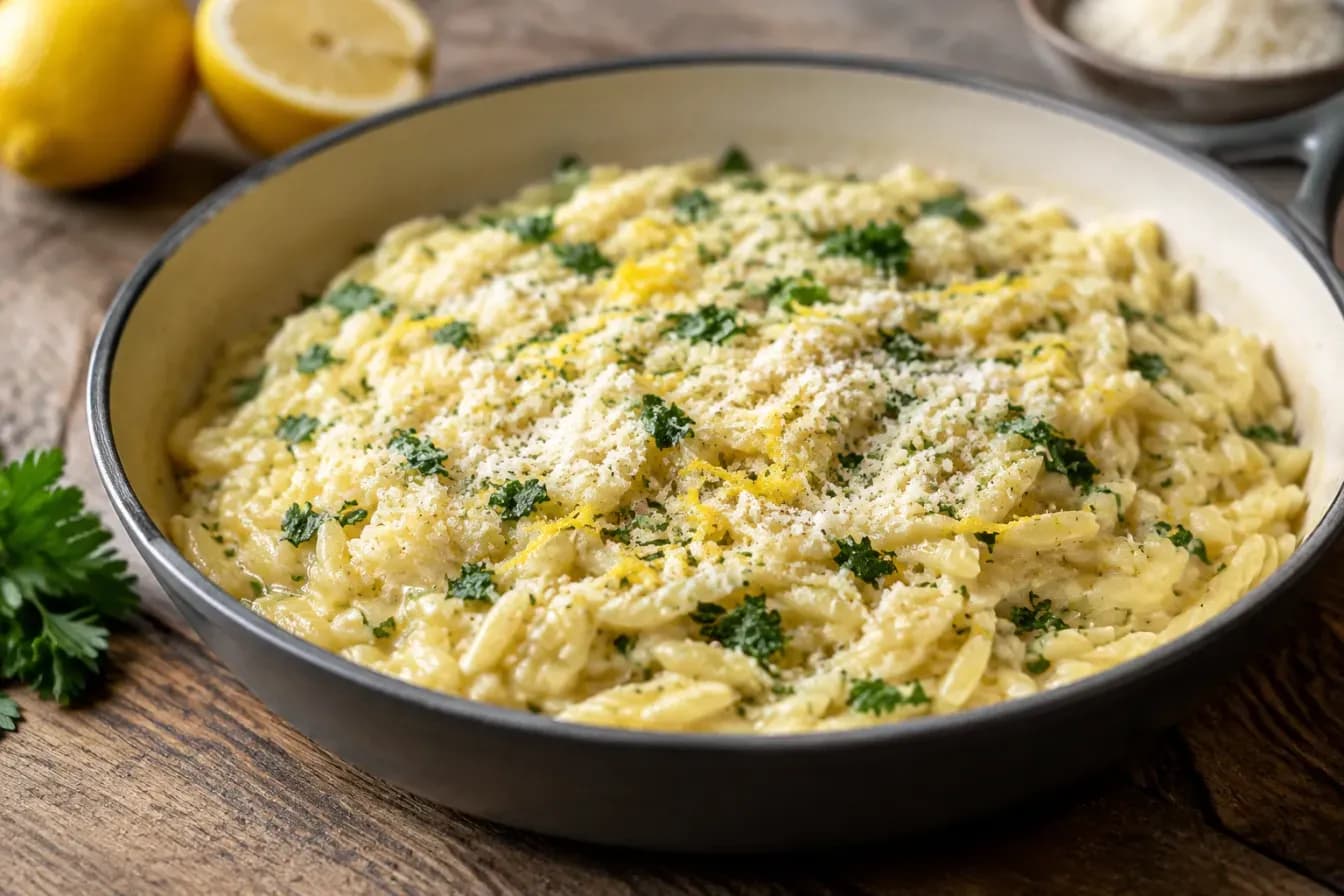 Cremiger Zitronen-Orzo mit Petersilie, Zitronenschale und Parmesan in einer Pfanne.