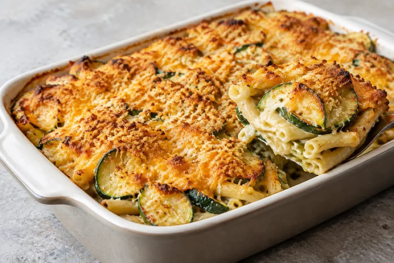 Ein goldbraun überbackener Zucchini-Nudelauflauf zeigt eine knusprige Kruste und cremige Nudeln mit Zucchinischeiben.