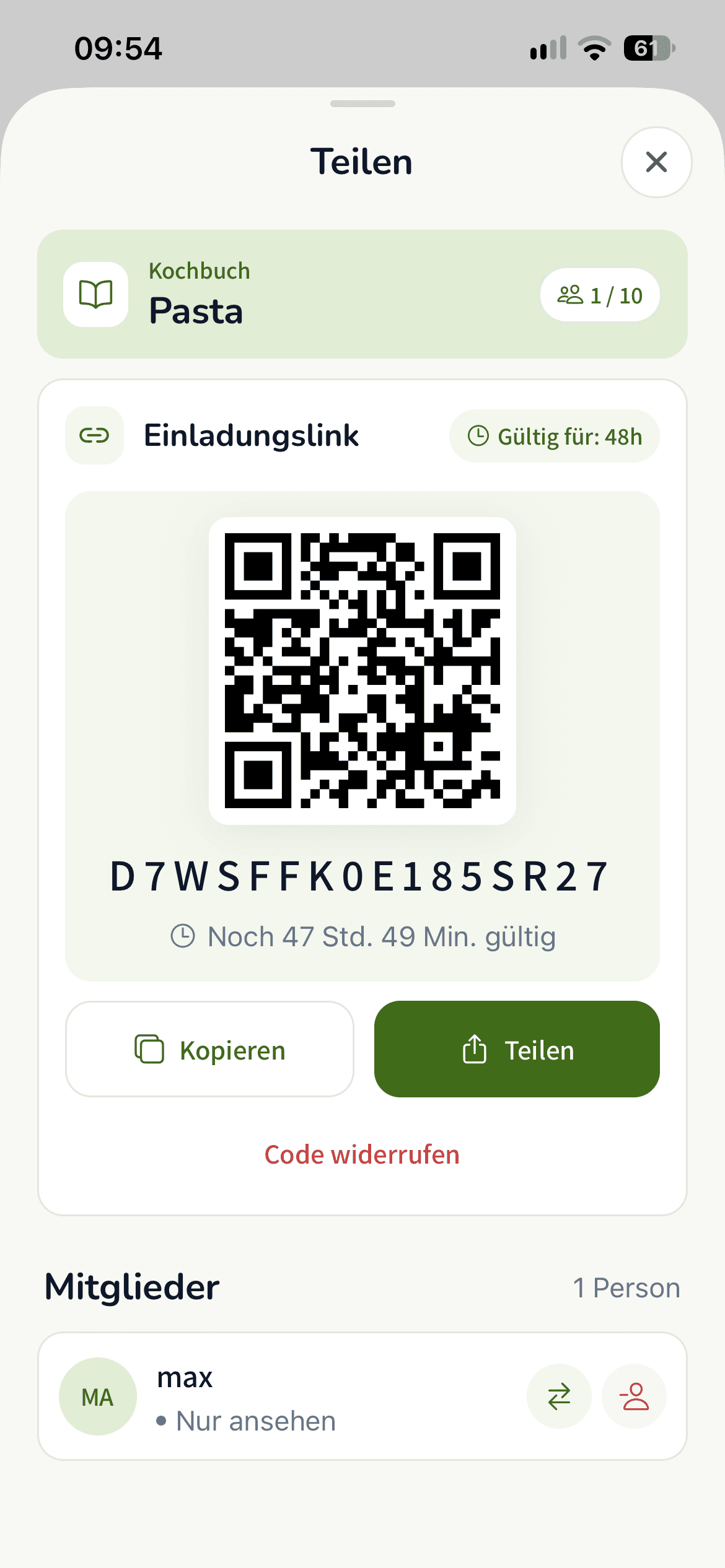 Teilen-Screen in Rezeptfabrik mit QR-Code, Einladungslink und einem Mitglied mit der Berechtigung Nur ansehen