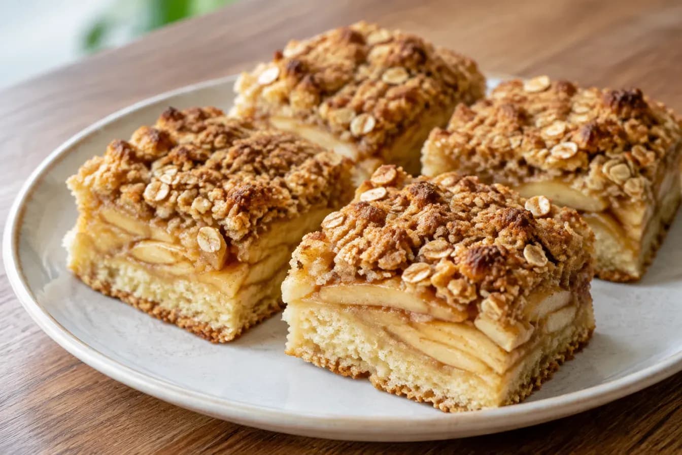 Ein Stück Apfelkuchen mit goldbrauner Haferkruste zeigt saftige Apfelscheiben und einen lockeren Rührteig.