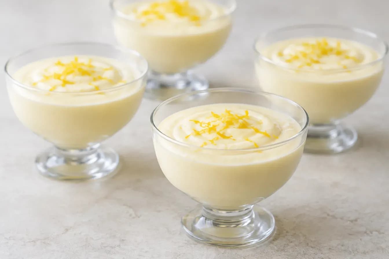 Vier Gläser mit glatter Zitronencreme und feinem Zitronenabrieb stehen auf einem hellen Steintisch.