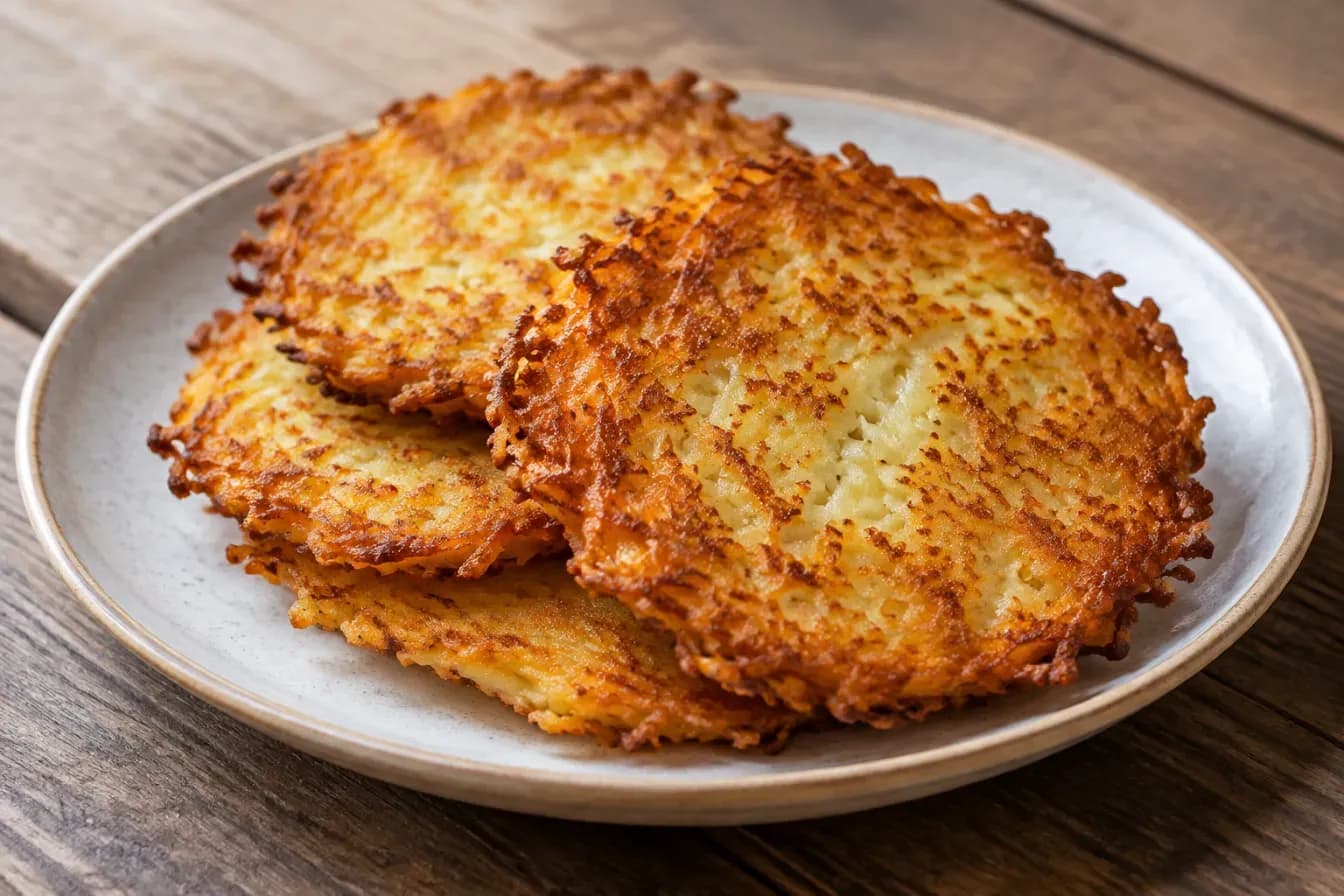 Goldbraune, knusprige Kartoffelpuffer liegen leicht überlappend auf einem schlichten Teller.