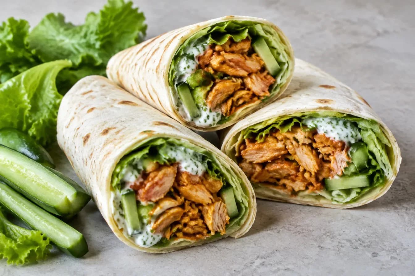 Aufgeschnittene Weizentortillas mit saftigem Hähnchen, Salat, Gurke und Petersilien-Joghurtsauce liegen auf einem Steintisch.